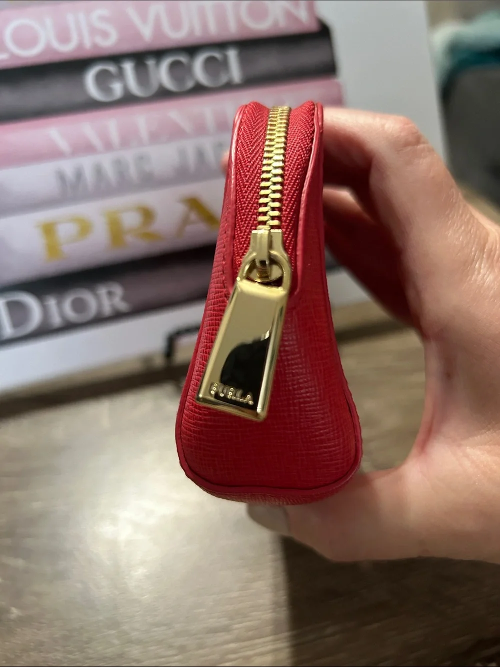 Furla Red Saffiano Leather Cosmetic Case with Gold Hardware